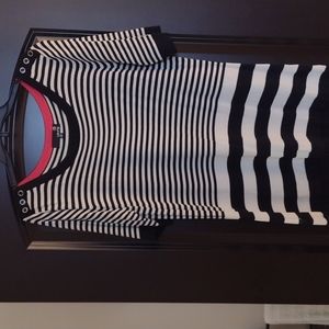 Laura Fine Knit Short Sleeve Sweater - Black & Cream w/Button Accent on Shoulder